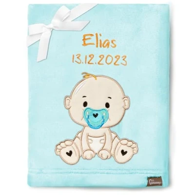 Abbildung von Be Mammy Personalisierte Babydecke mit 3D Applikation Warme Kuscheldecke Namen und Geburtsdatum; Perfektes Baby Geschenk; Blanket; Krabbeldecke BE20 280 (Puderblau Junge)