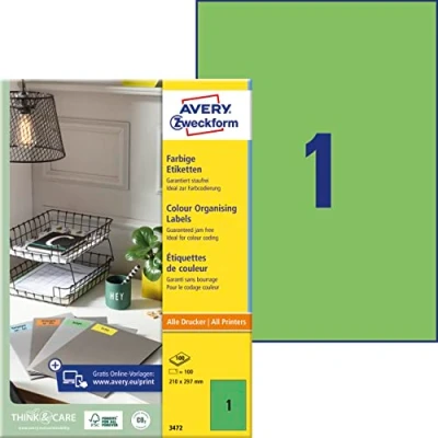 Abbildung von AVERY Zweckform 3472 Grüne Etiketten (100 Aufkleber, 210x297mm auf A4, permanent haftend, selbstklebende Farbetiketten, Papier matt, bedruckbare, farbige Klebeetiketten) 100 Blatt