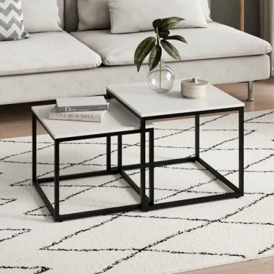 Abbildung von Home Collective Couchtisch 2er Set aus Holz, Wohnzimmertisch Modern (Beistelltisch 2 in 1 mit Metallgestell, Büro Beistelltisch Loft Design TWIN, kratzfeste Oberfläche), Quadratisch Weiß, für Wohnzimmer