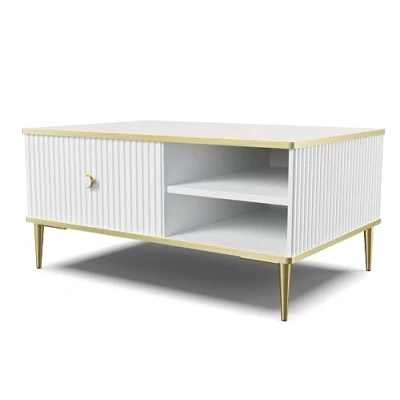 Abbildung von Homlando Couchtisch Petra 90 x 60 cm Quadrat Beistelltisch Tisch für Wohnzimmer Gefräste MDF Dekorationen auf goldenen Metallbeinen Kaffeetisch mit Regal (Weiß Matt)