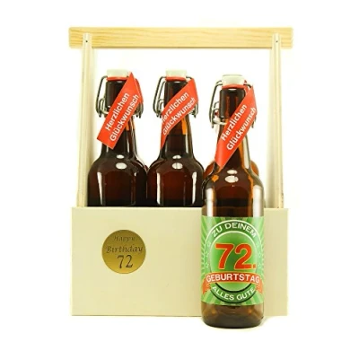 Abbildung von Bier Geschenk 6 er Holz Träger mit Fl. 72. Geburtstag