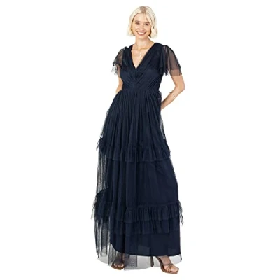 Abbildung von Anaya with Love Damen Ladies Maxi Dress for Women Short Sleeve Evening Ball Gown Tiered V Neck Bow Tie Bridesmaid Wedding Guest Prom Long Kleid, Navy Blue, 50