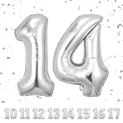 Abbildung von 14 Geburtstag Deko zahlen luftballon jahre Folienballon Sliber für 14. Geburtstagsdeko Männer Frauen Ballon Zahl zum fliegt mit Helium 14.Geburtstagsparty 40&quot; 101cm