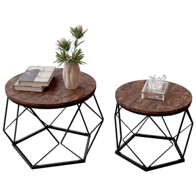 Abbildung von Vida Designs Brooklyn Runde Couchtische, 2er Set Beistelltische, moderner Stahlrahmen, Nesting Wohnzimmermöbel (Dunkles Holz)