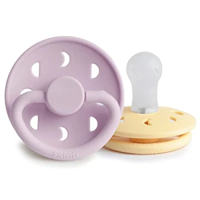 Abbildung von FRIGG Mondphase Silikon Schnuller 2 Packung Symmetrischer Sauger in Kirschform BPA frei Hergestellt Dänemark (Pale Daffodil/Soft Lilac, Größe 1 (0 6 Monate))