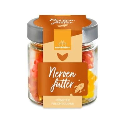 Abbildung von Nervenfutter Gummibärchen 120g Nervennahrung für die Arbeit, Studenten oder den Alltag in dem praktischen Vorratsglas Geschenk Schüler &amp;