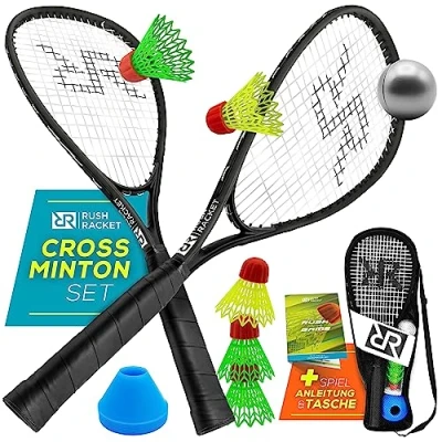 Abbildung von Rush Racket Set RS3 Speed Badminton 5 teilig (2X Schläger, 5X Federbälle, 1x Softball, 8X Feldmarkierung, Tragetasche) Crossminton Turbo Speedbadminton (Black)