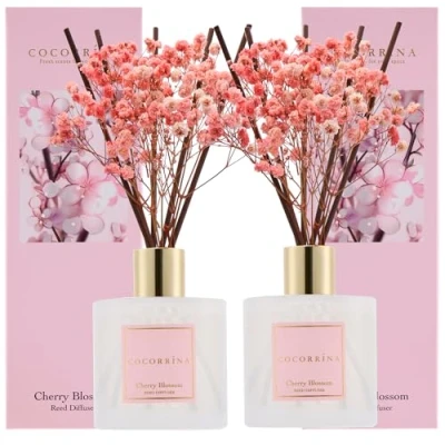 Abbildung von COCORRÍNA Raumduft Reed Diffuser mit 8 Duftstäbchen 200ml, Cherry Blossom, 2 Pack, Natürlich, Langanhaltend, Home Duft für Badezimmer Regal Dekoration