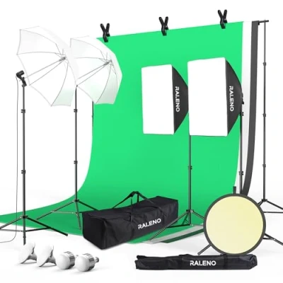 Abbildung von RALENO Fotostudio Set, 2,6m x 3m Hintergrund Stützsystem Greensreen Softbox Studio Beleuchtungsset mit LED Lampen (50W und 45W, 5500K, CRI 97) für Produkt Porträt Video Produktfotografie