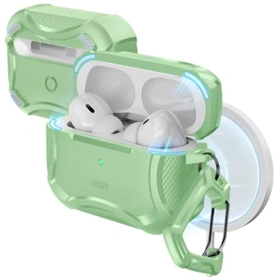 Abbildung von ESR für AirPods Pro 2 Hülle mit HaloLock, Cyber Armor Panzer Kompatibel (2023/2022/2019), MagSafe, starker Sturzschutz, magnetischer Deckel, Hellgrün