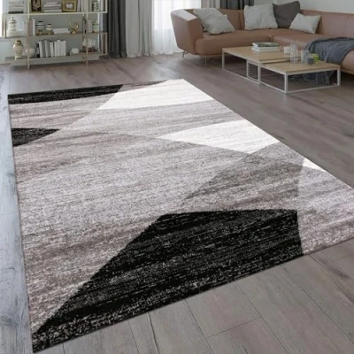 Abbildung von VIMODA Teppich Geometrisches Muster Meliert in Grau Weiß Schwarz Kurzflor Läufer Wohnzimmer, Maße:80x250 cm