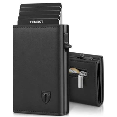 Abbildung von TENBST Geldbörse Herren, Slim Wallet Geldbeutel mit Münzfach &amp; RFID Schutz, Leder Portmonee, 8 Fächer für Kreditkarten, Kartenetui Herren Schwarz