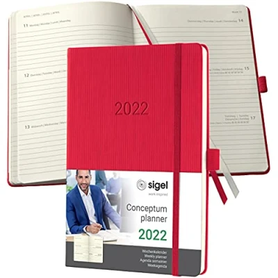 Abbildung von SIGEL C2264 Terminplaner Wochenkalender 2022 ca. A5 rot Hardcover 192 Seiten Gummiband, Stiftschlaufe, Archivtasche PEFC zertifiziert Conceptum