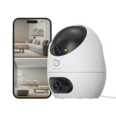 Abbildung von Beans View 2K WLAN Kamera mit Dual Objektiv, Überwachungskamera innen Erkennung von Person, Haustier und winkender Hand, Alexa unterstützt Patrouillenmodus, 2 Wege Audio (D220 3MP)