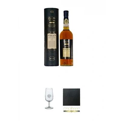 Abbildung von Oban Distillers Edition Montilla Fino Maturation 0,7 Liter + Classic Malt Nosing Glas mit Aufschrift 1 Schiefer Glasuntersetzer eckig ca. 9,5 cm Durchmesser