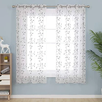 Abbildung von Deconovo Vorhänge, transparent, Weiß, mit Ringen, durchsichtige graue Blätter, für Wohnzimmer, Schlafzimmer, 140 x 175 cm (B H), 2 Stück
