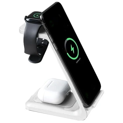 Abbildung von Callstel Wireless Charger: 3in1 Ladestation 20 Watt für iPhone, Apple Watch &amp; AirPods, weiß (Ladestation Handy kabellos, Geräte, iWatch)