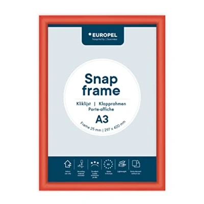 Abbildung von Europel Klapprahmen DIN A3, Easy Click System, Profil 25x11 mm, Farbe Rot, eloxierte Aluminium und blendfreie Schutzfolie, Außenmaß 328x451, grau Polystyrol Rückseite, 355027