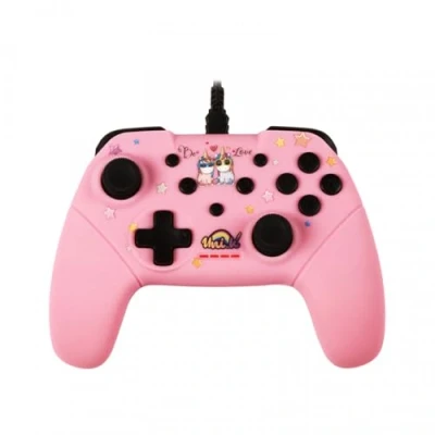 Abbildung von Konix Unik Wired Controller für Nintendo Switch, Switch OLED und PC 3 m Kabel Be Love Muster, Einhörner Pink
