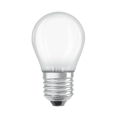 Abbildung von OSRAM Energy Class LED Lampe in klassischer Miniballform, 3.8 W / 806 lm, EEK A, warmweißes Licht (2700 K), CRI 80, aus gefrostetem bleifreiem Glas, E27 Sockel, IP20, 45 mm Durchmesser.
