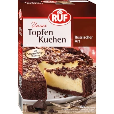 Abbildung von RUF Russischer Zupfkuchen, Backmischung für einen Käsekuchen mit schokoladigem Streuselteig, Topfenkuchen, vegan
