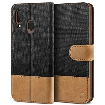 Abbildung von BEZ Handyhülle für Samsung Galaxy A20e Hülle, Tasche Kompatibel A20e, Schutzhüllen aus Klappetui mit Kreditkartenhaltern, Ständer, Magnetverschluss, Schwarz