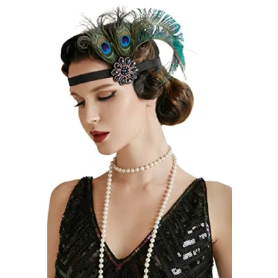 Abbildung von BABEYOND Damen 1920s Stirnband Pfau Feder 21er Jahre Stil Flapper Haarband Inspiriert von Great Gatsby Kostüm Accessoires 2