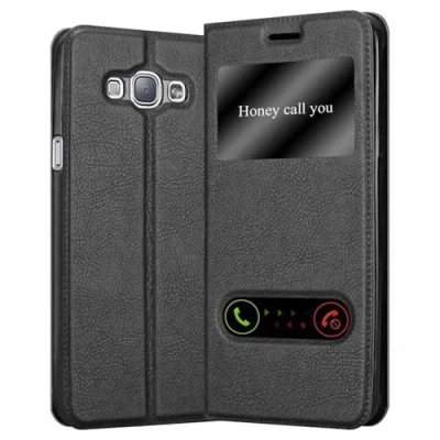 Abbildung von Cadorabo Hülle kompatibel mit Samsung Galaxy A8 2015 Sichtfenster aus Kunst Leder Flip Klappbare Magnetische [Standfunktion] [Kartenfächern] Cover für Tasche in Schwarz
