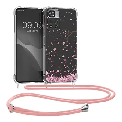Abbildung von kwmobile Necklace Case kompatibel mit Xiaomi Redmi Note 11 Pro+ 5G / Pro Plus Hülle Silikon Cover Handykette Rosa Dunkelbraun Transparent Kirschblütenblätter
