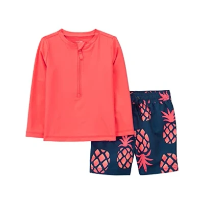 Abbildung von Simple Joys by Carter&#039;s Baby Jungen Swimsuit Trunk and Rashguard Rash Guard Set, Korallenorange/Marineblau Ananas, 12 Monate