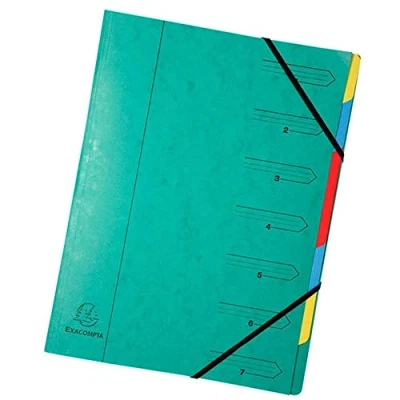 Abbildung von Exacompta 54073E Premium Ordnungsmappe geheftet. Aus extra starkem Colorspan Karton DIN A4 7 vollfarbige bunte Fächer und 2 Gummizüge mit Organisationsdruck Ringmappe Register Mappe grün