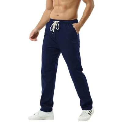 Abbildung von HOEREV Men Casual Strandhosen Leinen Hose Gr. XL (Taille 39 41 zoll), Navyblau