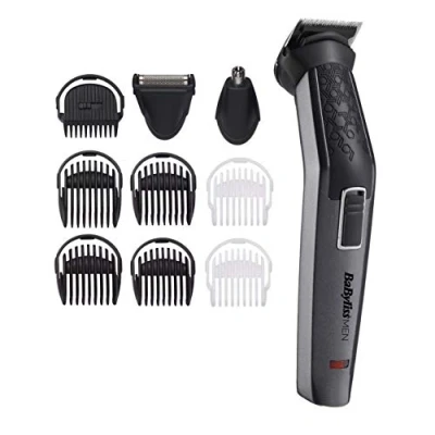 Abbildung von BaByliss Men 10 in 1 Carbon Titanium Multi Grooming Trimmer Kit abwaschbar für Körper, Bart und Nasenhaare inkl. Aufbewarungstasche, Schwarz grau MT727E