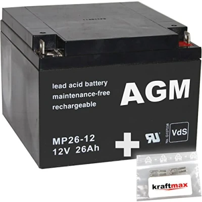 Abbildung von kraftmax 1x AGM 12V / 26Ah Blei Akku MP26 12 [ M5 Bolzen inkl. Schraube und Mutter ] VDs geprüft 2X Original Anschluß Adapter