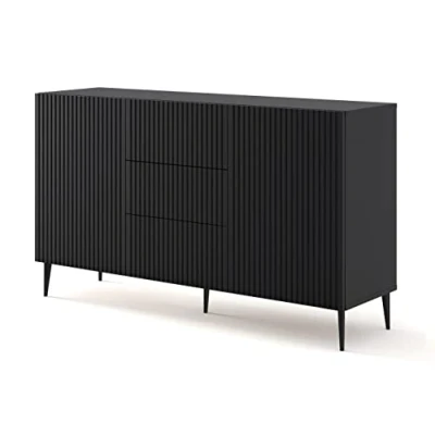Abbildung von BIM Furniture Kommode Ravenna B 2D3S 150 cm mit gefräster Front Hochwertiges MDF, Sideboard, Buffet auf Schwarze Metallstiftbeinen, 2 Schränke, 3 Schubladen (Schwarz Matt)