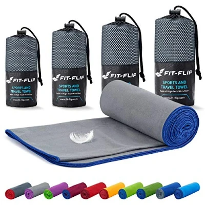 Abbildung von Fit Flip Mikrofaser Handtuch kompakt, leicht und schnelltrocknend Microfaser Handtücher als Reisehandtuch, Sporthandtuch, Strandtuch Badetuch groß (50x110cm, Grau mit Dunkelblauen Rand)
