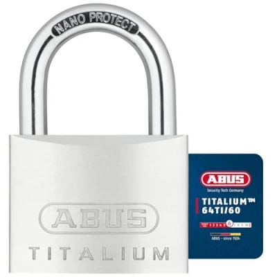 Abbildung von ABUS Vorhängeschloss Titalium 64TI/60 Kellerschloss mit Schlosskörper aus Spezial Aluminium gehärteter Stahlbügel Sicherheitslevel 6