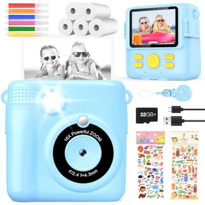 Abbildung von KinderKamera DigitalKamera Print Sofortbildkamera 1080P Videokamera Schwarzweiß Fotokamera (Blau)…