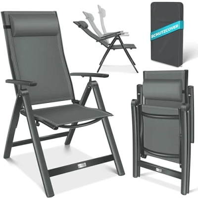 Abbildung von KESSER® Gartenstuhl Hochlehner mit Armlehnen Aluminium Klappstuhl Kopfkissen &amp; Cover Campingstuhl 7 Fach Verstellbar Rückenlehne Atmungsaktiv Wetterfest Klappbar Anti Rutsch Anthrazit