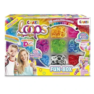Abbildung von CRAZE loops FUN BOX Loom Bänder Set mit 800 Gummibänder, Verschlüsse und Helfer Halsketten, Ringe Armbänder selber machen, Farbenmix