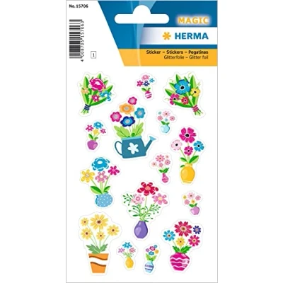 Abbildung von HERMA 15706 Aufkleber Blumen Glitzer klein groß, 15 Stück, Pflanzen Sticker mit Blumentopf Gießkanne Motiv, Kinder Etiketten für Fotoalbum Tagebuch Poesiealbum Scrapbooking Geburtstag Deko Briefe DIY