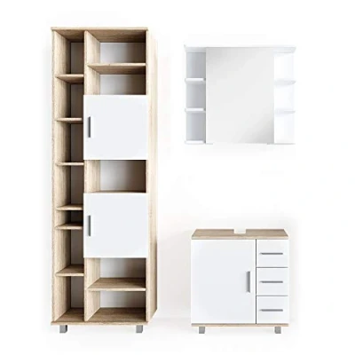 Abbildung von Vicco Badmöbel Set Ilias, Sonoma/Weiß, 3 Teile, mit Hochschrank