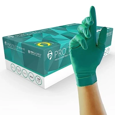 Abbildung von UNIGLOVES PRO.TECT Green HD Nitril Einweghandschuhe Ultra strapazierfähig, Einmalgebrauch, Mehrzweck, puderfrei, Box mit 100 Handschuhen, Größe XL (GA0085)