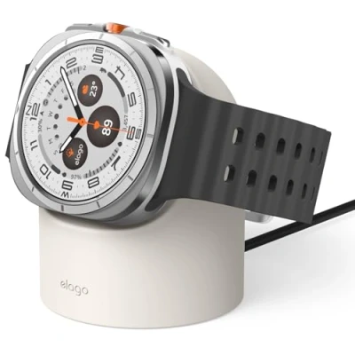 Abbildung von elago Ladestation für Samsung Galaxy Watch 7/7 Ultra / 6/6 Classic 5/5 Pro [40/43/44/45/47mm] Ladegerät, Nachttischmodus, Kabelmanagement [Kabel Nicht im Lieferumfang Enthalten] (Taupe)