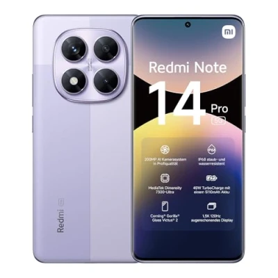 Abbildung von Xiaomi Redmi Note 14 Pro 5G Smartphone, 8 + 256GB, Purple, 200MP professionelle AI Kamera, IP68, 45W TurboCharge mit 5110mAh Akku, Funktionen (kein Ladegerät enthalten)