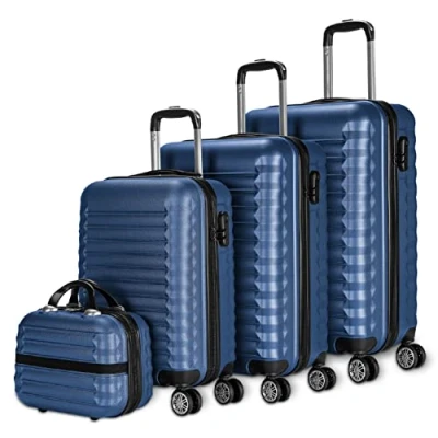Abbildung von NUMADA Gepäck Set und Kulturbeutel 4 Stück Dunkelblau, groß 75cm, mittel 63cm, klein 53cm Kulturbeutel, ABS, starr, widerstandsfähig, Doppelräder, leicht, seitliches Kombinationsschloss