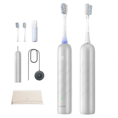 Abbildung von dreame Mova Fresh Pro 3DClean™ Elektrische Zahnbürste mit App, Schallzahnbürste für Erwachsene, 2 Bürstenköpfe und Reiseetui, 3 in 1 Ersatzbürstenkopf Halter, 30 Tage Akkulaufzeit, Silber