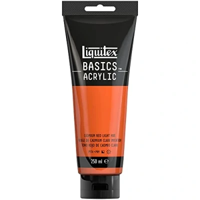 Abbildung von Liquitex 88700231 Basics Acrylfarbe, monopigmentierte Künstlerpigmente, lichtecht, mittlere Viskosität, Archivqualität, seidenglänzender Finish, 250ml Tube Kadmiumrot Hell Farbton
