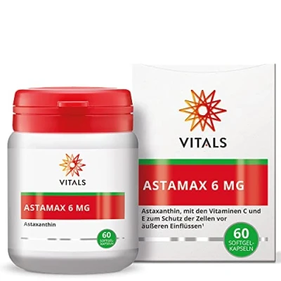 Abbildung von Vitals Astamax 6mg Astaxanthin 60 Softgel Kapseln Hochdosiert. Natürliches aus Algen Mit Vitamin C und E. AstaReal vom Experten