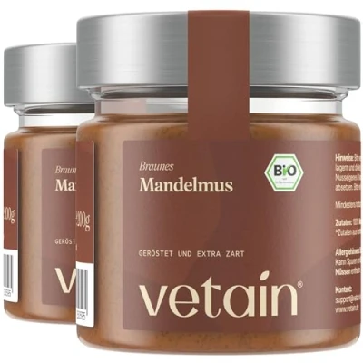 Abbildung von VETAIN Bio Mandelmus 100% ungeschälte &amp; geröstete Mandeln Ohne Zuckerzusatz Palmöl Glutenfrei Vegan perfekt als Topping für Müsli, Porridge oder Brotaufstrich (2 x 200g)